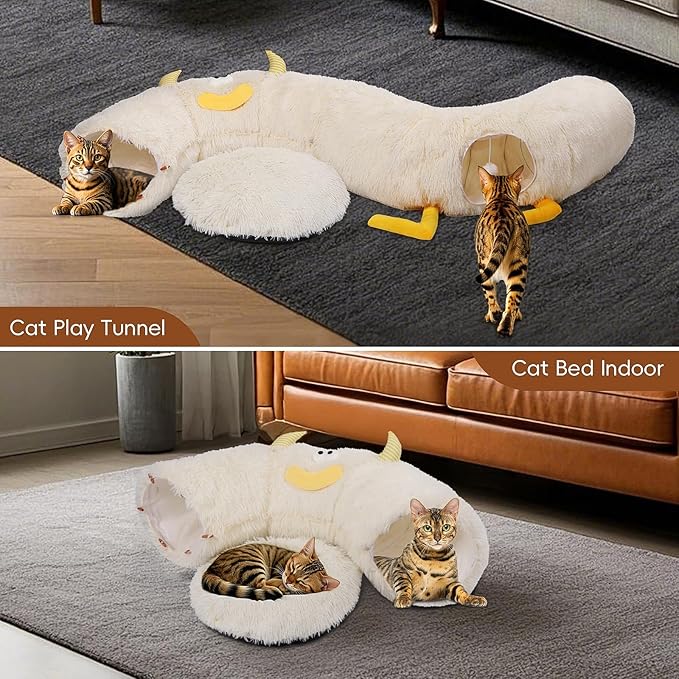 Cat Tunnel Bed for Indoor Cats - Cute Cat Donut Tunnel with Washable Circle Cushion - Multi-Purpose Cat Bed & Peekabo Cave, Pet Playground Toys for Kittens, Puppy, Rabbit (White)