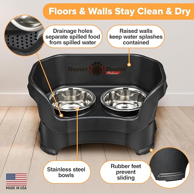 Neater Pet Brands Neater Feeder Deluxe Mess Proof Dog Bowls Elevated for Medium Dogs 19-40 lbs, Made in USA, No Spill Raised Dog Food Bowl Stand Feeding Station, Food and Water Bowl Set, Black