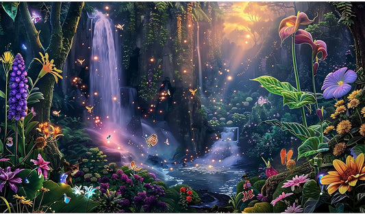 Fantasy Garden Aquarium Background Sunset Waterfall and Flowers Terrarium Backdrop Tropical Forest Lush Plant Magic Butterfly Lights Flowers Fish Tank Background Poster Decorations 24x16in