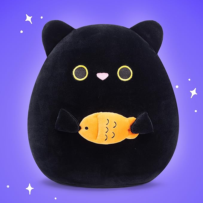 Original 12-inch Large Black Cat Plush Pillow Stuffed Animal Toy,Big Size Cute Soft Fat Hugging Cuddle Huggable Plushie,Gift for Kids