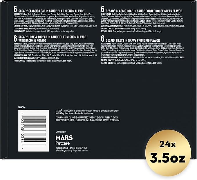 Cesar Wet Dog Food Steak Lovers Variety Pack with Real Meat, 3.5 oz. Trays (24 Count, Pack of 1)