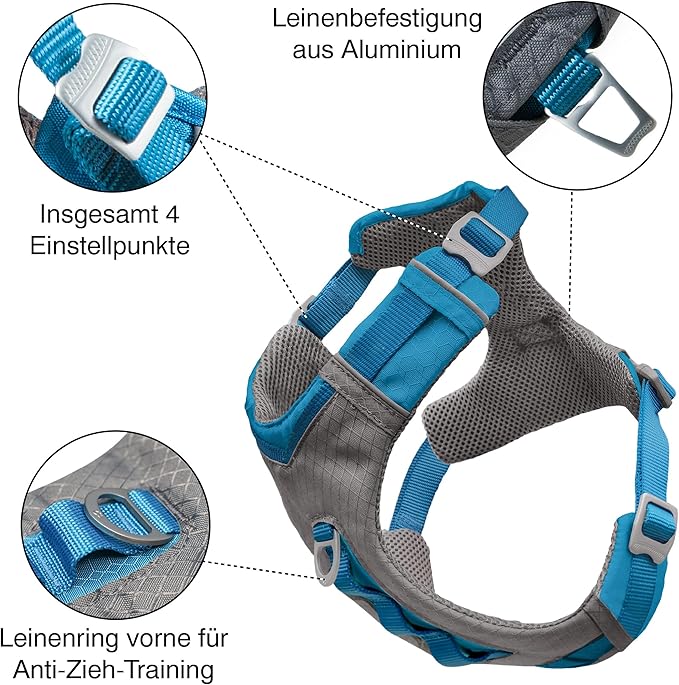 Kurgo Journey Air Dog Harness - Secure Fit for Active Dogs - Padded Chest - Lightweight Ripstop Fabric - Breathable Mesh - Reflective Trim - Back Assist Handle - Blue - X-Large