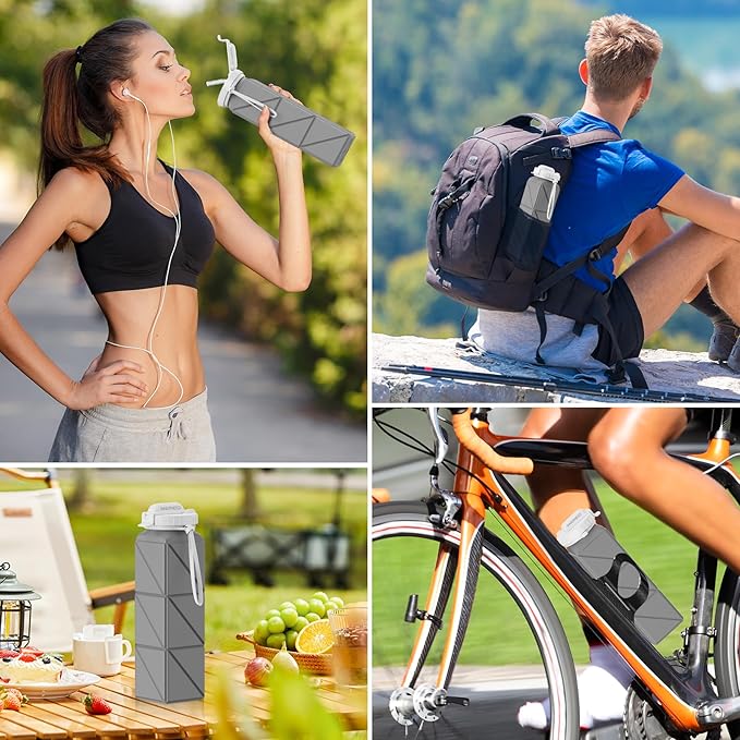 INNERNEED Collapsible Drinking Water Bottle with Straw, Reuseable Leakproof BPA Free Silicone Foldable Sports Gym Bottle, with Carrying Strap (1pack, Dark Gray)