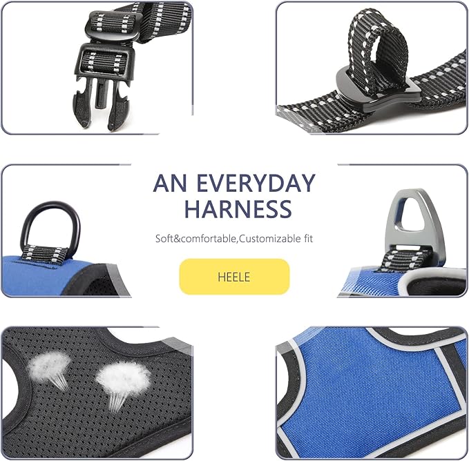 HEELE Dog Harness, No Pull Adjustable Padded Reflective Harness for Small Medium Large Dogs with Handle for Walking Training, Blue, L
