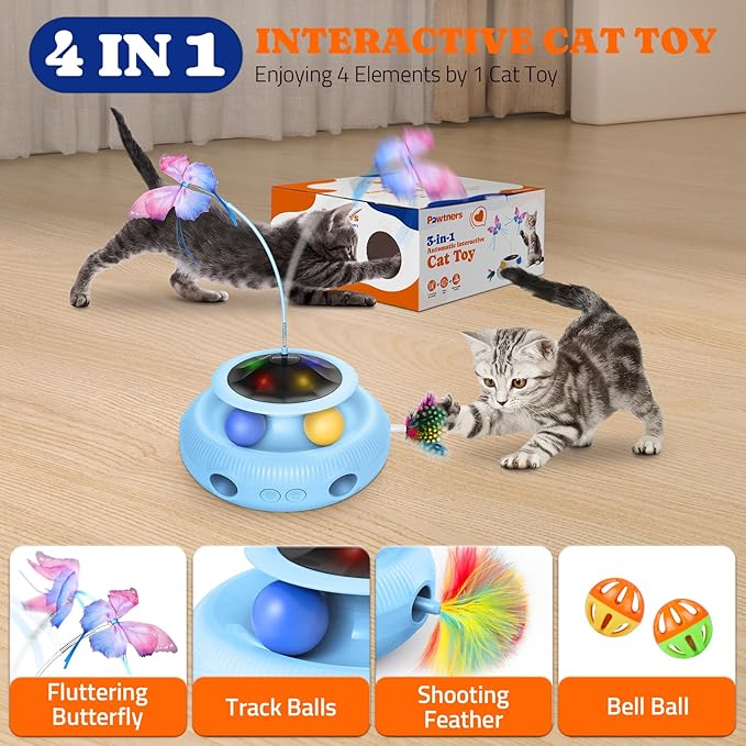 Interactive Cat Toy: 4 in 1 Automatic Cat Toy for Indoor Cats, Self Play Kitty Toy with Fluttering Butterfly, Track Ball and Feather Pack, Blue