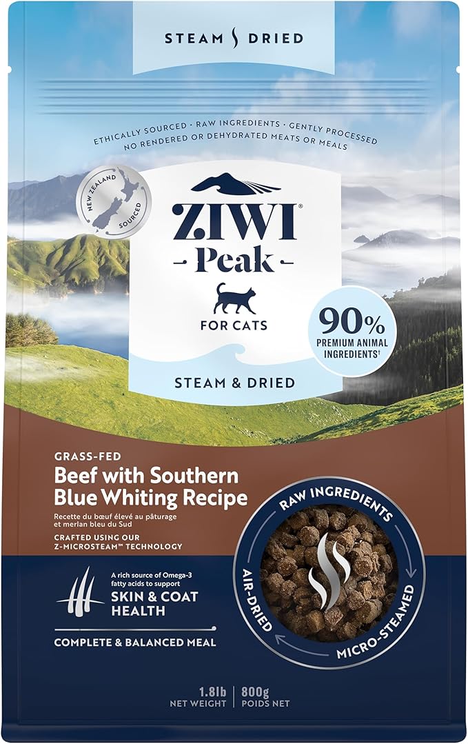 ZIWI Peak Steam & Dried Cat Food – Beef w/Southern Blue Whiting Fish - High Protein, Skin & Coat Health, Low Carb, for All Life Stages (28.8oz)