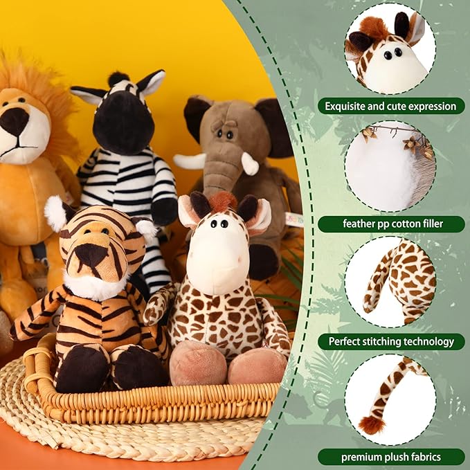 HyDren 12 Pieces Safari Stuffed Animals 11.8 Inch Jungle Animal Toys Set Boys Girls Plush Forest Animals Lion Elephant Zebra Giraffe Tiger Monkey for Zoo Animal Party Teacher Student Award