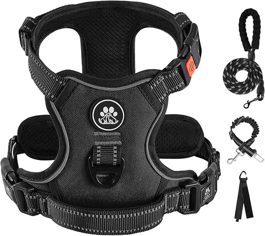 IVY&LANE No Pull Dog Harness for Large Dogs, Dog Vest Harness with Leash, Safety Belt and Storage Strap, Fully Adjustable Harness, 360° Reflective Strip, Soft Handle (Black, L)
