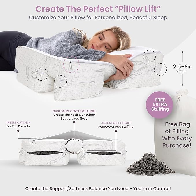 Medium Firm High Density Support. Arm Hole Slots for Cervical, Shoulder Pain Relief. Adjustable for Side, Back, Stomach Sleeping. Rayon Shell/Charcoal Infused Shredded Memory Foam
