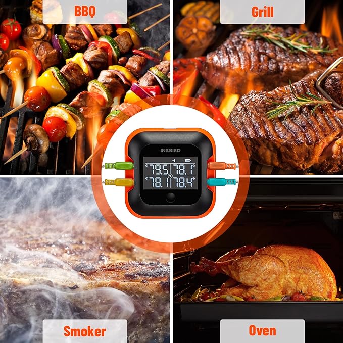 Inkbird 150ft Bluetooth Meat Thermometer with 4 Colored Probes, Temperature Graph Real-time Check & Download BBQ Grill Thermometer for Kitchen Food Smoker Thermometer IBT-24S, Rechargeable