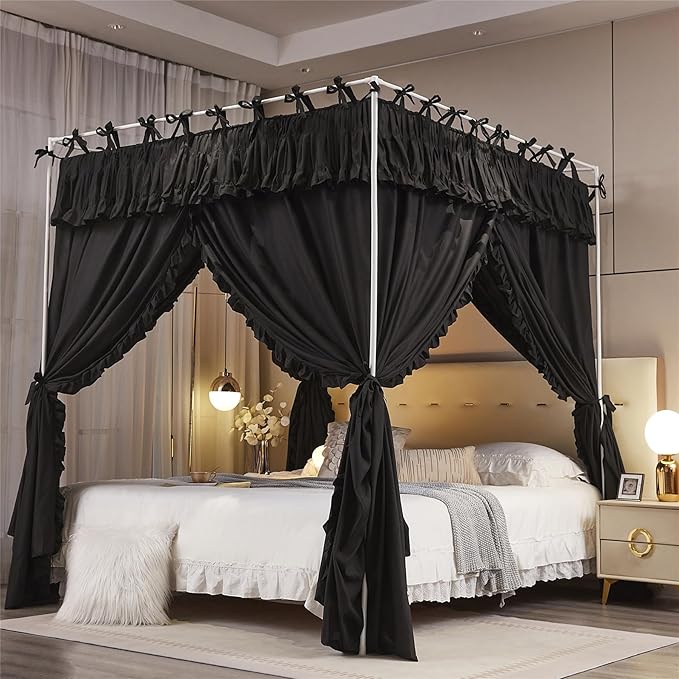 4 Corners Post Princess Ruffle Curtain Bed Canopy Lace Up Elastic Cozy Breathable Tent Mosquito Net for Girls Bedroom Decoration(Black, 59-64" W*82" L*82" H/Queen)