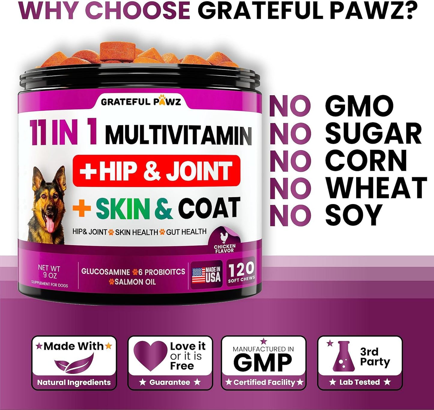 Dog Multivitamin Chewable with Glucosamine - Dog Vitamins and Supplements, Senior & Puppy Multivitamin for Dogs - Pet Chondroitin Hip and Joint Support Health, Immune Booster, Skin, Heart, Probiotics