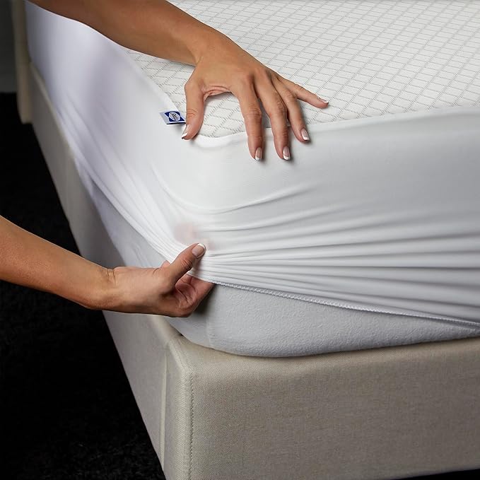 Sealy Spot and Stain Protection Fitted Mattress Protector- Queen Size Soft Polyester Waterproof Mattress Cover