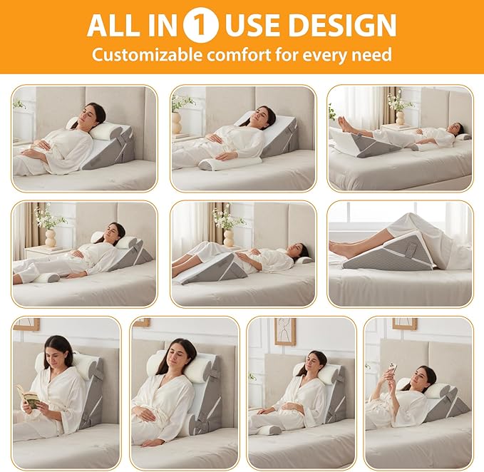 4PCS Orthopedic Bed Wedge Pillow Set for Sleeping, Wedge Pillow for Back Pain Relief, 10-in-1 Adjustable Bed Wedge Pillow Post Surgery, Triangle Pillow for Acid Reflux Snoring Gerd, White/Grey
