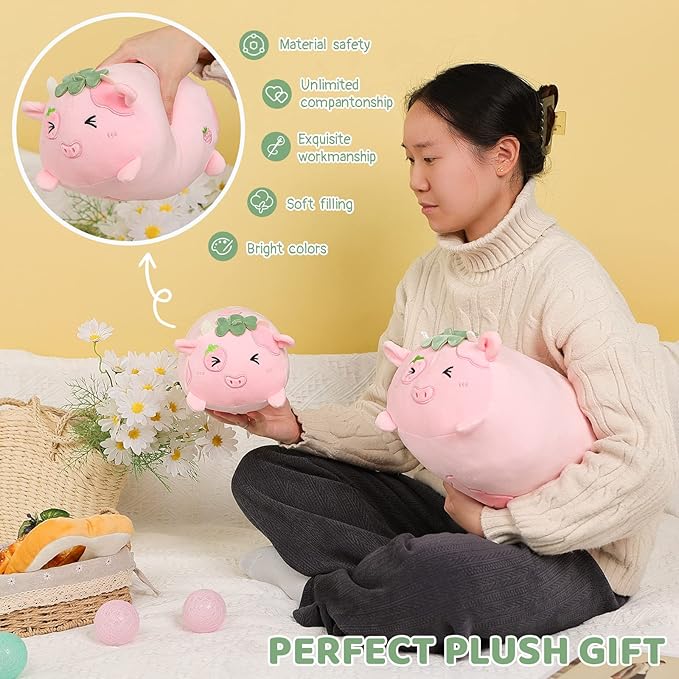 AIXINI Cute Strawberry Cow Plush Pillow 15.7” Cow Stuffed Animal, Soft Kawaii Plushies Hugging Plush Pillow Toy Gifts