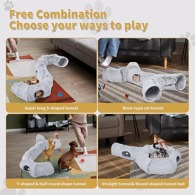 Odoland Cat Tunnels Bed with 1 Straight Tunnel and 20 Pet Toys - 5 Shapes DIY Indoor Cats Cave - Detachable Soft Cat Donut Tunnelset for Kitten Puppy Rabbit Ferret