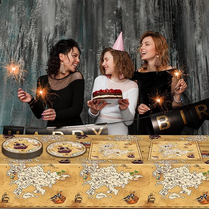 41 Pieces Pirate Party Tableware Set Pirate Birthday Party Decorations Includes Treasure Map Plates Nautical Napkins and Plastic Island Treasure Tablecloth for Treasure Theme Birthday Party Decoration