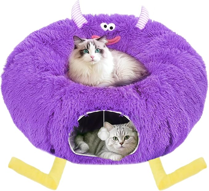 Cat Tunnel Bed for Indoor Cats - Cute Cat Donut Tunnel with Washable Circle Cushion - Multi-Purpose Cat Bed & Peekabo Cave, Pet Playground Toys for Kittens, Puppy, Rabbit