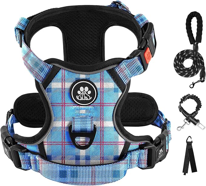 IVY&LANE No Pull Dog Harness with Leash Set, Reflective No Choke Pet Vest,Adjustable Oxford Dog Vest Harness with Easy Control Handle for Large Dogs (Checkered Blue,L)