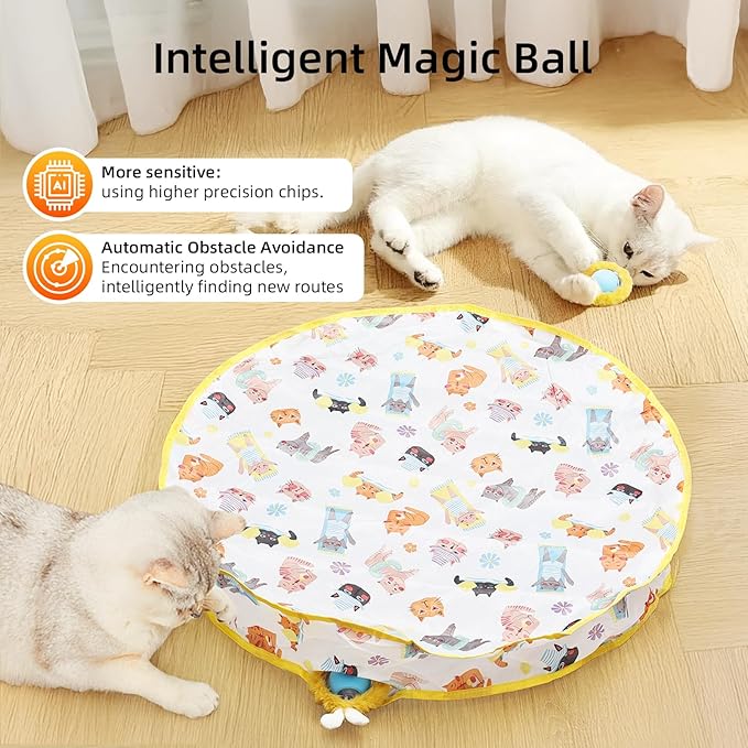 Interactive Cat Toy Ball, Automatic Moving Cat Ball in Pouch,Interactive Cat Toys for Indoor Cats,Motion Activate Cat Toy Hide and Seek Mouse Catching Game , Play Mat for Cats (Round-Yellow)