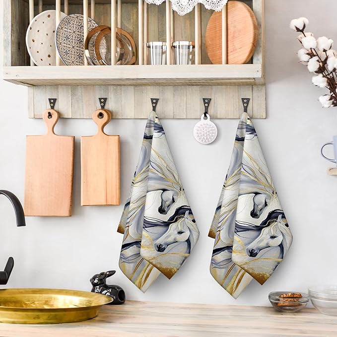 Abstract Horse Dish Towels for Kitchen Drying, Golden Kitchen Towels Decorative Set of 2, Cute Absorbent Hand Dish Cloths for Cooking Baking Bar Bathroom Decor, Gifts for Horse Lovers