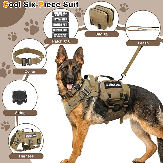 WINSEE Tactical Dog Harness with Dog Leash, Dog Collar, Service Working MOLLE Vest with 10 Pet Patches for Medium Dog, No Pull Military Harness and Backpack with Airtag Holdler