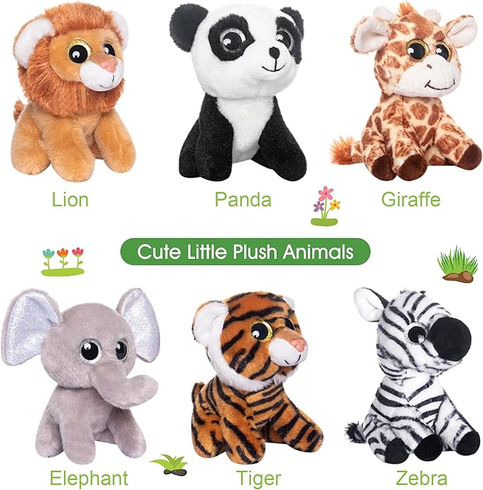 My OLi 5" Plush Toys Small Stuffed Animals Bundle of Cute Giraffe, Lion, Tiger, Panda, Elephant, Zebra Plush Animals Pack of 6 for Kids