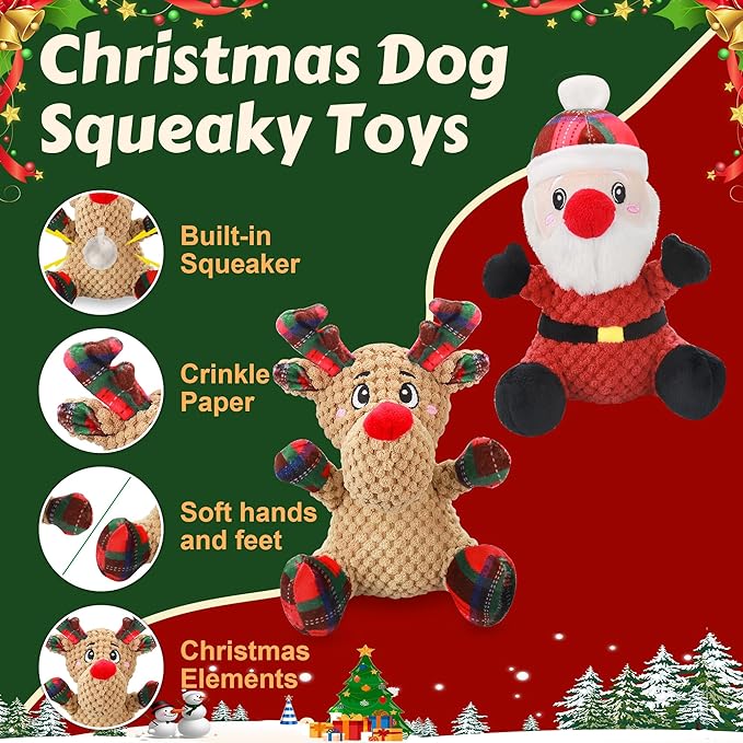Squeaky Dog Toys, 2 Pack Dog Chew Toys with Crinkle Paper for Puppy, Small, Medium, Large Dogs, Interactive Pet Holiday Toys for Training and Reducing Boredom