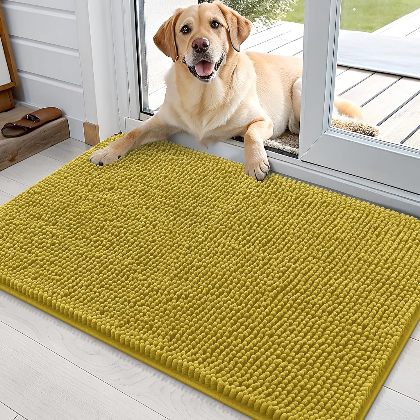 OLANLY Dog Door Mat for Muddy Paws 36x24, Absorbs Moisture and Dirt, Absorbent Non-Slip Washable Doormat, Quick Dry Chenille Mud Mat, Entry Indoor Entryway Carpet for Inside Floor, Mustard Yellow
