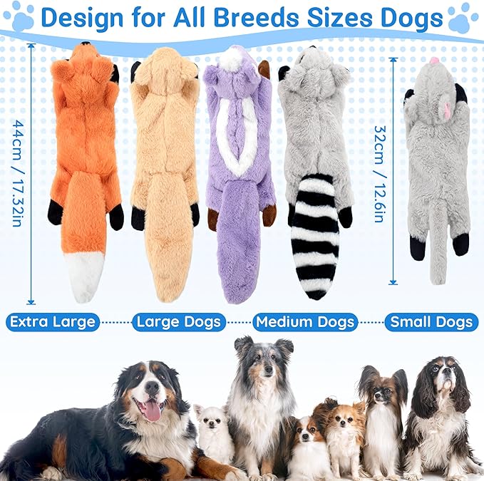 5-Pack Partially Stuffed Dog Toys - Squeaky, Crinkle & Belly Treat Hiding Pocket, Lightly Filled Head & Unstuffed Body, Tough Plush for Large/Medium Aggressive Chewers to Keep Them Busy