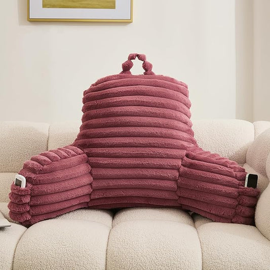 WERDIM Reading Pillow for Sitting in Bed, Faux Fur Back Pillow for Bed Rest, Bed Chair Pillow with Arms and Pockets(Standard, Dusty Rose)