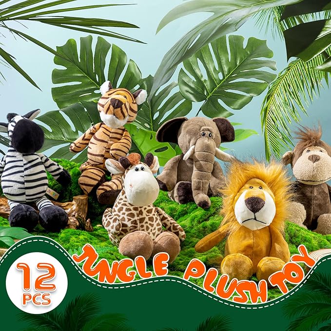 HyDren 12 Pieces Safari Stuffed Animals 11.8 Inch Jungle Animal Toys Set Boys Girls Plush Forest Animals Lion Elephant Zebra Giraffe Tiger Monkey for Zoo Animal Party Teacher Student Award
