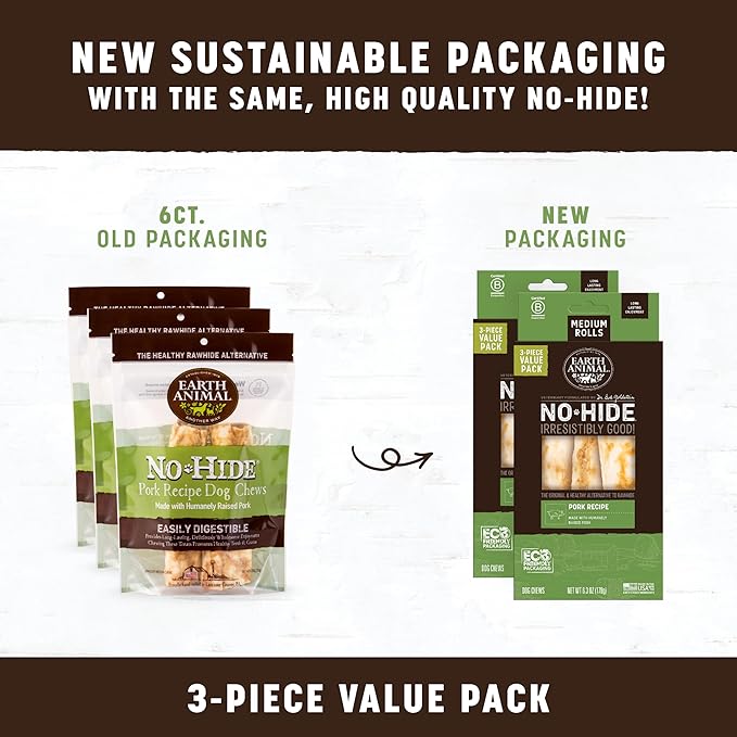 Earth Animal No-Hide Rolls Pork Recipe Medium Natural Rawhide Alternative Dog Chews - 3 Count Value Pack