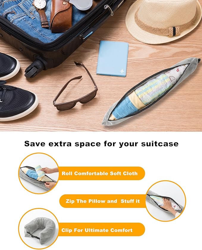 Stuffable Travel Neck Pillow for Extra Luggage Clothes Adjustable U-Shapes Airplane Plane Travel Pillow Storage Bag Adjustable Neck Size Travel Essentials Multifunctional Sleeping Rest Cushion