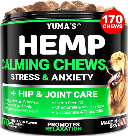 Hemp Calming Chews for Dogs - Advanced Dog Calming Chews - 170 Treats - Anxiety Relief Treats - Hemp Oil - Separation Aid, Stress, Hip and Joint Supplement for Canine Health Support - Beef Flavor