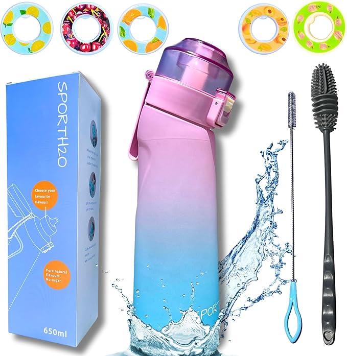 Air Water Bottle 650ml – Water Bottle With 5 Scented Pods, 0% Sugar BPA Free Cup with Bottle & Straw Brushes | Suitable for Outdoor | Sports | Gift Idea (New Gradient Pink/Blue + 5 Pods)