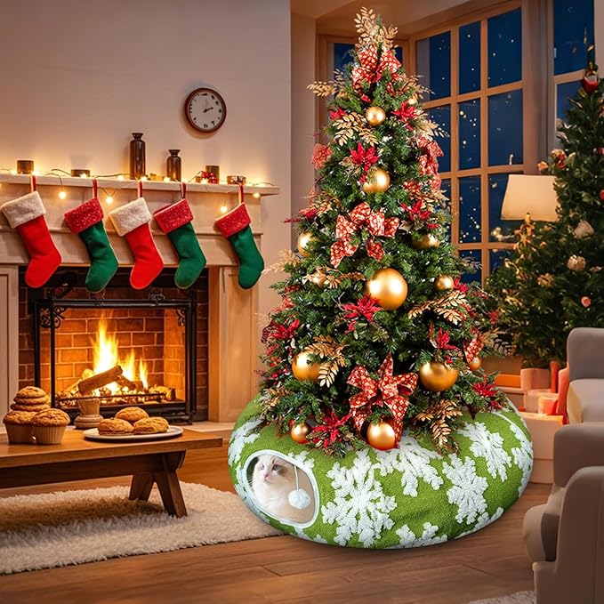 Cat Tunnel Bed for Indoor Cats, Cute Cat Donut Tunnel with Washable Circle Cushion, Under Christmas Tree Soft Plush Peekaboo Cat Cave Toy for Kitten, Puppy, Rabbit (Green)