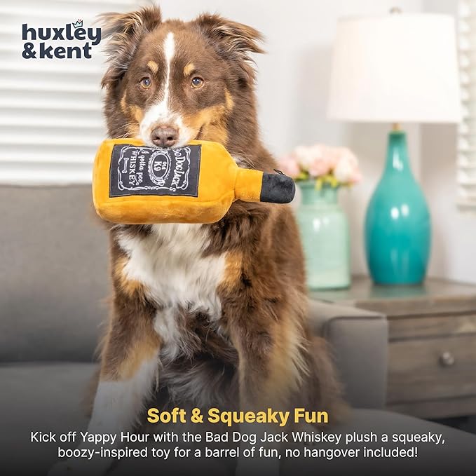 Huxley & Kent Funny Dog Toys w/Squeaker & Crinkl -Stimulating & Interactive Chew Toy for Dogs - Mesh Lined Stuffed Doggie Toy - Easy to Clean Doggie Toys for All Breeds (Bad Dog Jack's Whiskey,Small)