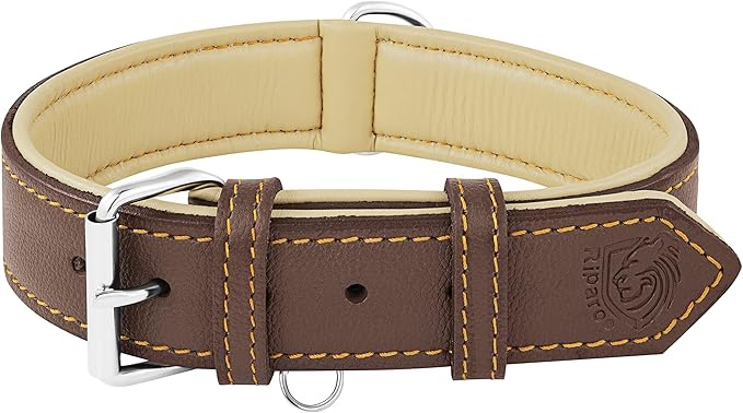 Riparo Brown Leather Dog Collar - Heavy Duty Wide Dog Collar for Small, Medium, Large and Extra Large Dogs with Dog Tag Holder (XL: 1.75" Wide for 21”-25” Neck, Brown)