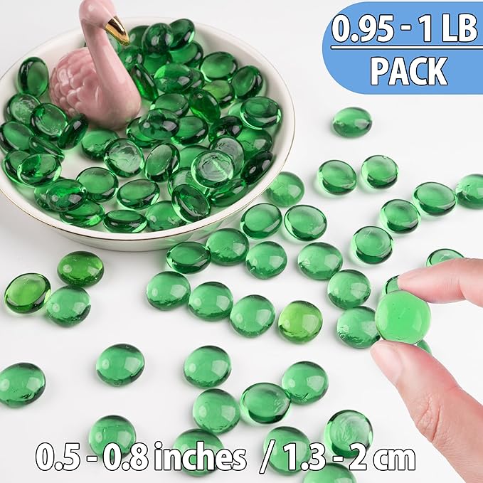 Green Glass Marbles, 0.97 LB Transparent and Smooth Flat Glass Beads for Vases, Mosaic Gem Pebbles for Aquarium Decor, Floral Arrangements, Mancala Stones, Vase Filler and Crafts (Approx. 80-100 PCS)