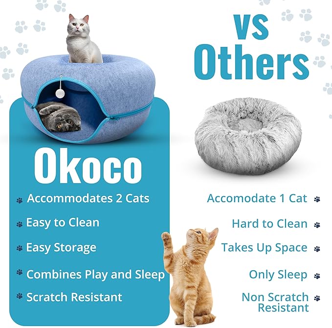 Okoco Cat Tunnel Bed for Indoor Cats Large, 24" Peekaboo Cat Cave Donut Bed for Pets up to 45lbs, 2-in-1 Round Tube with Hanging Ball Toy & Removable Machine Washable Parts (Light Blue)