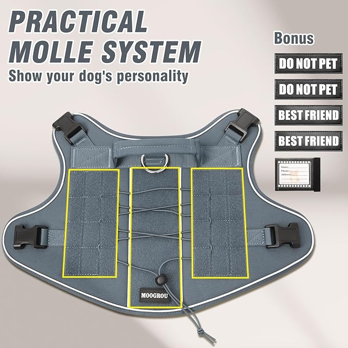 Tactical Dog Harness for Large Dogs,No Pull Military Dog Vest with Handle,Reflective Heavy Duty Pet Harness for K9 Working Walking Hiking Training Gray XL