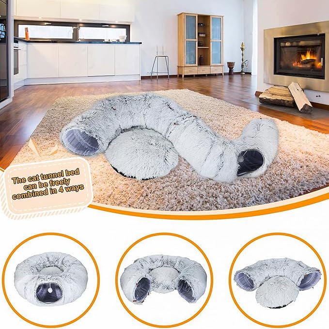 CLKHOWL Cat Tunnel Bed for Indoor Cats - Cute Cat Donut Tunnel with Washable Circle Cushion, Round Pet Play Toy for Kitten/Puppy/Rabbit, Grey
