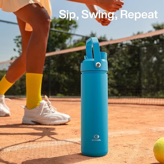 Insulated Water Bottle with Straw - Encool Stainless Steel Water Bottle, Leak-Proof, BPA-Free, Double Wall Vacuum Keeps Cold for 24 Hours for Sports, Travel, School (32 oz, Azure Blue)