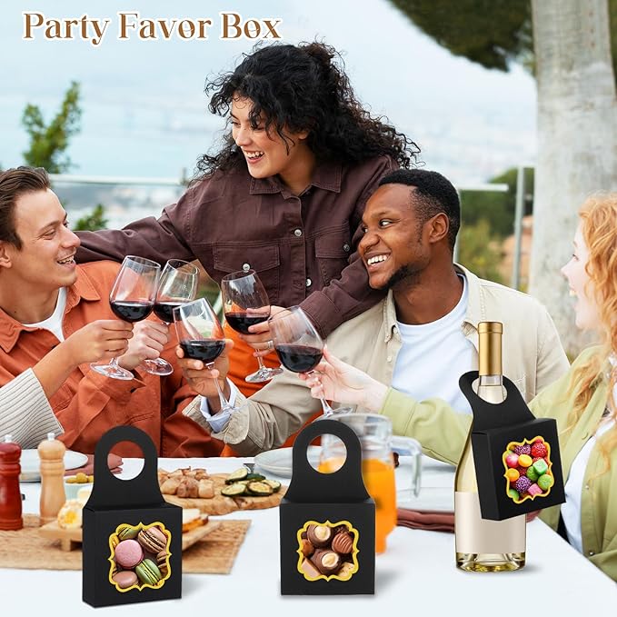 40PCS Wine Bottle Box with Window, Megitzuu Kraft Paper Wine Boxes for Gifts Hanging Wine Treat Box Mini Charcuterie Boxes Empty Champagne Bottles Gold Foil Gift Box Hanger Candy Box for Party (Black)