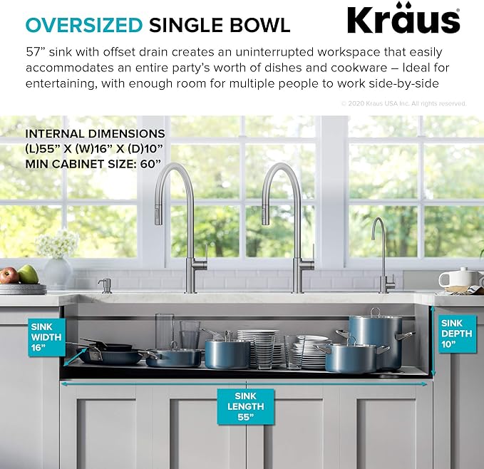 Kraus KWU210-57 Kore 2-Tier Workstation Undermount 16 Gauge Stainless Steel Single Bowl Kitchen Sink with 10 Piece Chef’s Kit of Accessories, 57 inch