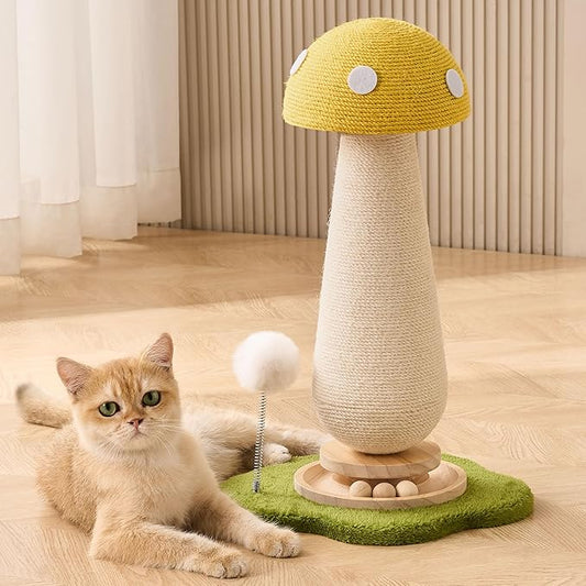 Mushroom Cat Scratching Post Cat Tree, 21.5‘’ H Cute Cat Scratcher Tower with Durable Solid Wood Turntable Toy, Lemon Yellow Mushroom Scratch Post Cat Sisal Scratcher with Catnip for Indoor Cats