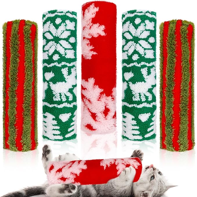Civaner 6 Pcs 10.6 Inch Christmas Cat Catnip Toy Interactive Kitten Kicker Toy Soft Plush Cat Pillow Stick Kitten Chasing Exercising Chewing Catnip Indoor Xmas Gift (Red, Green, Red Green Stripes)