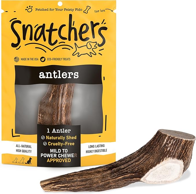 Snatchers Elk Antlers for Dogs – Long Lasting Dog Chews and Dog Toys for Aggressive Chewers, Naturally Shed Deer Antlers for Dogs Processed in The USA, No Additives (Extra Large, 8-9", 1 Count)