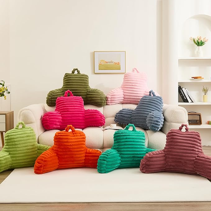 WERDIM Reading Pillow for Sitting in Bed, Faux Fur Back Pillow for Bed Rest, Bed Chair Pillow with Arms and Pockets(Standard, Dusty Blue)